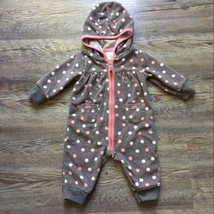 Carter's Hooded bodysuit sleeper footless polka Dot soft zip up pink gray 3M